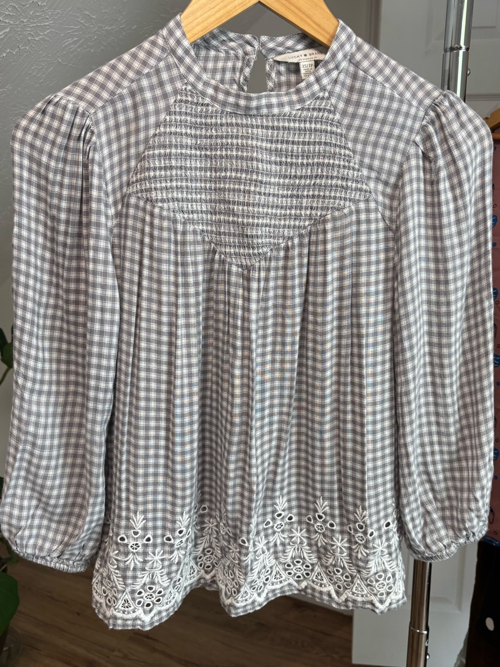 Lucky Brand cottage core gingham long sleeve shirt, XS